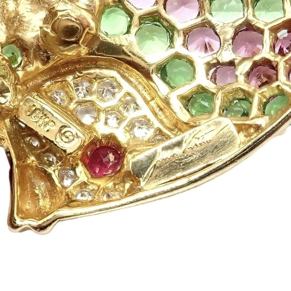 Authentic! Rare Jean Vitau 18k Yellow Gold Diamond Color Stone Angel Fish Brooch - Picture 4 of 12
